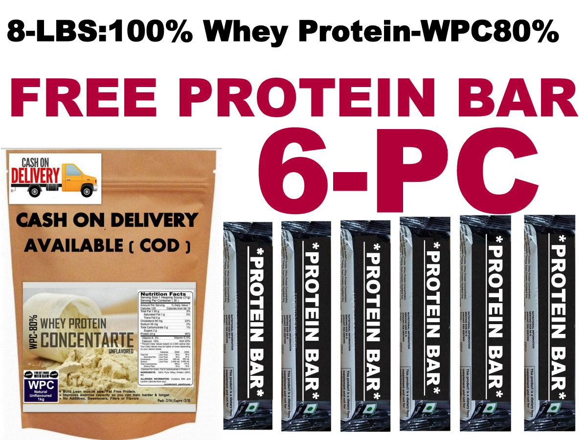 8Lbs-Whey Protein Concentrate WPC80%:-Unflavored - FREE PROTEIN BAR 6PC OF 600RS - 3650916
