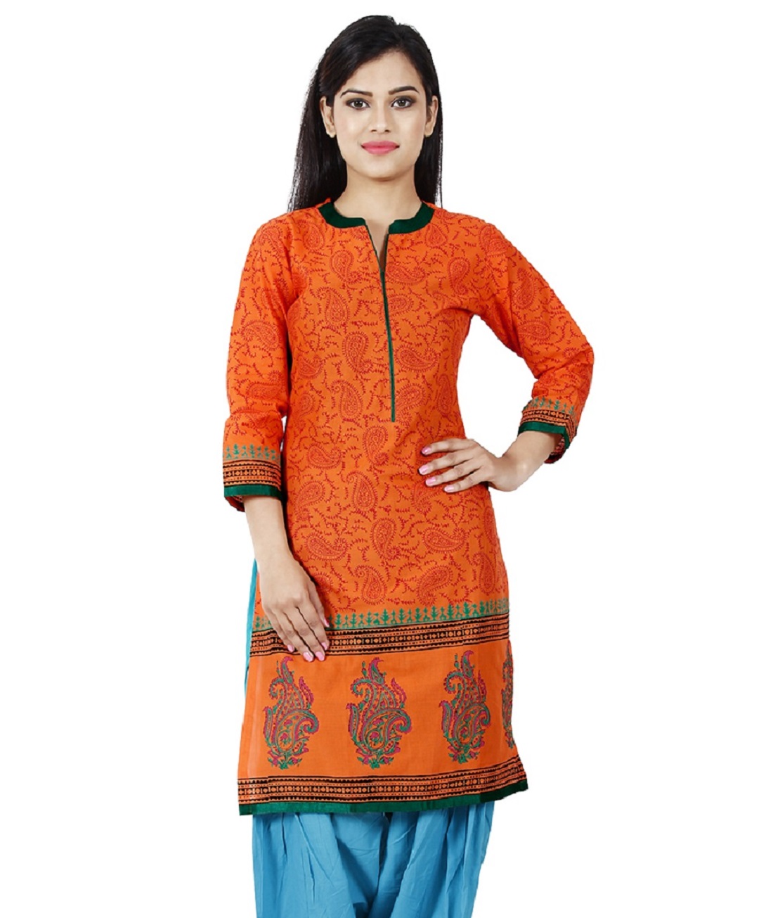 Buy Tanvi Orange Printed Cotton Stitched Kurti For Women's Online ...