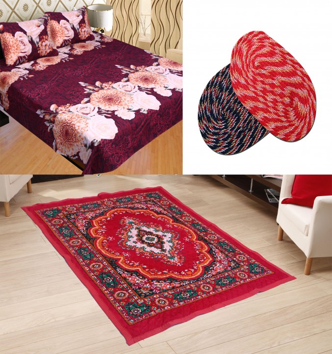 Buy Sns Combo Of Quilted Carpet With Double Bed Sheet Two Door Mats