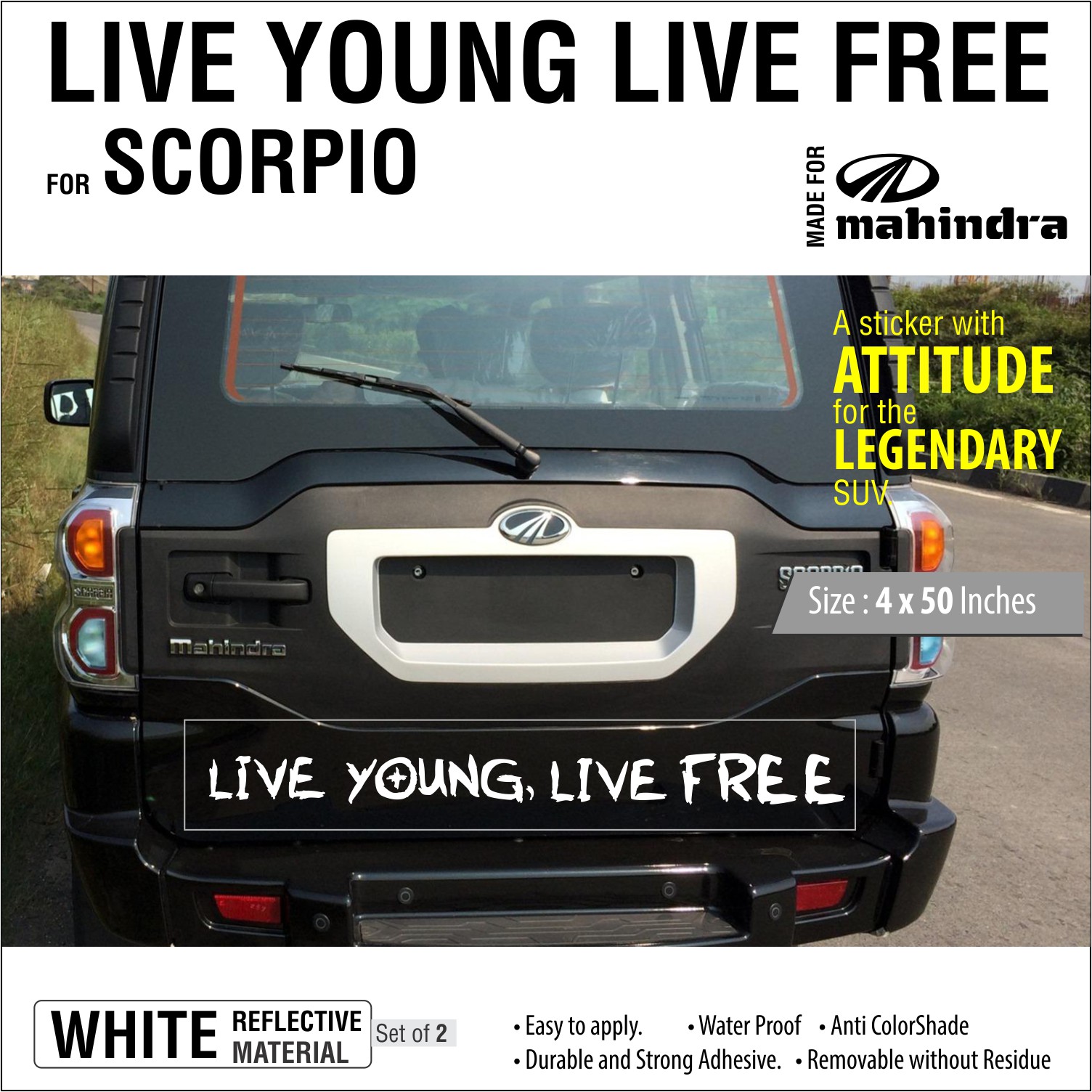 Buy Live Young Live Free White Reflective Sticker For Mahindra Scorpio