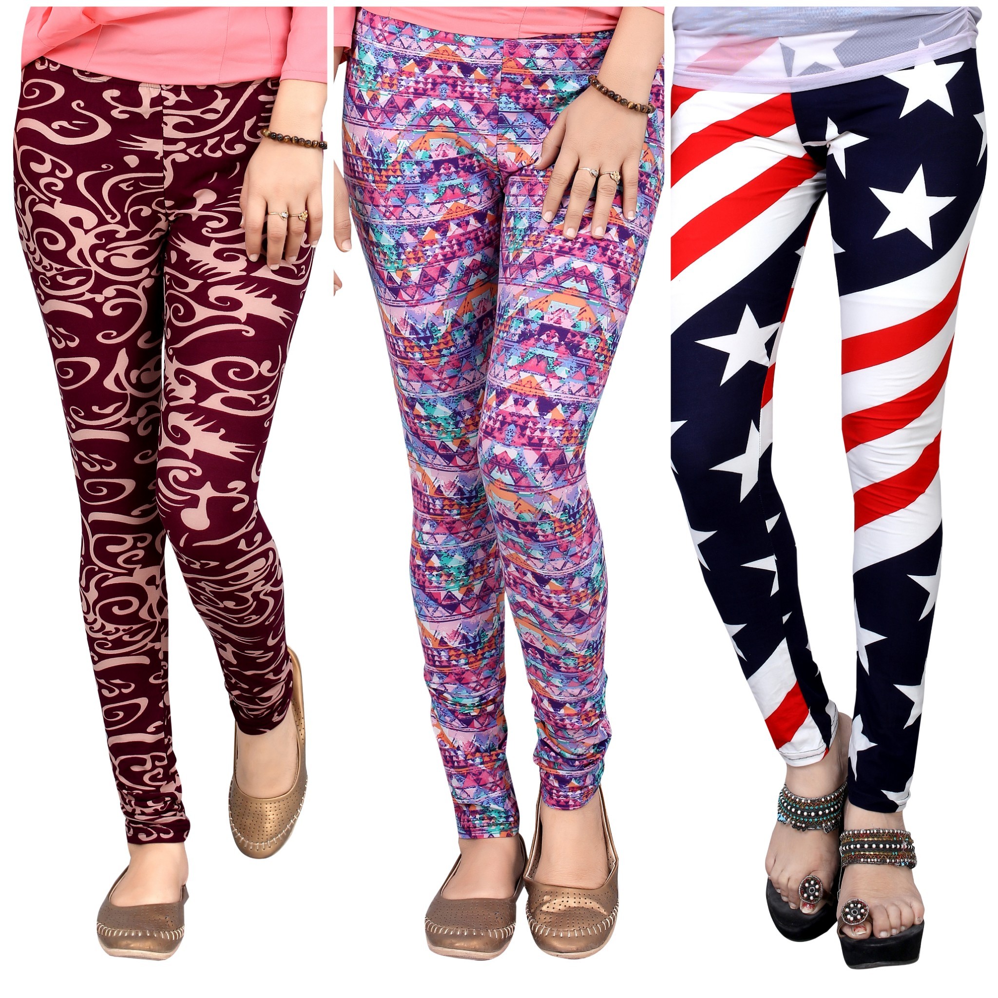 Buy DeVry Designer Colorful Printed Stretchy Leggings Combo Set of 3