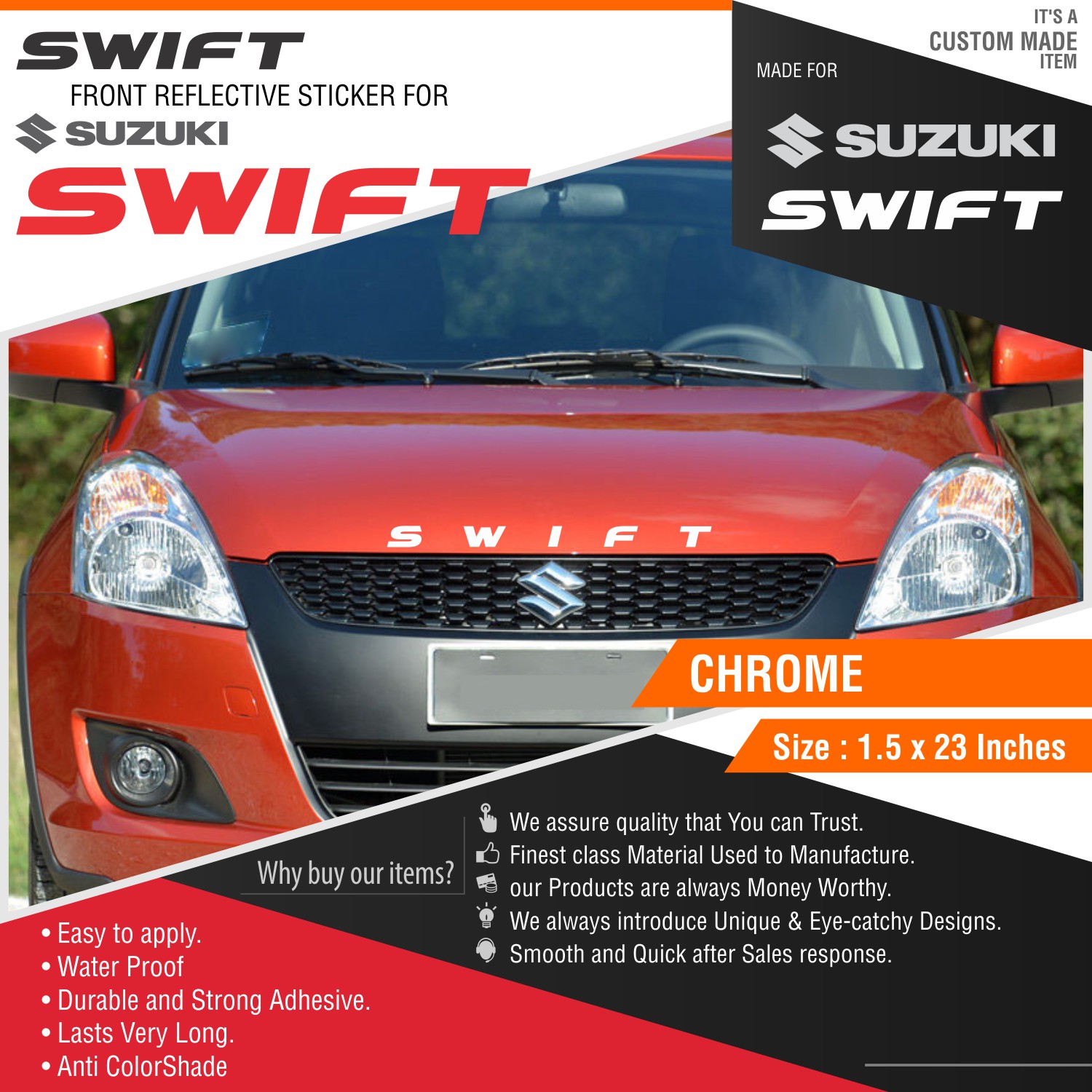 Buy SWIFT Combo Sticker set for Maruti Suzuki Swift Front Hood Rear Bumper CHROME Online ₹299