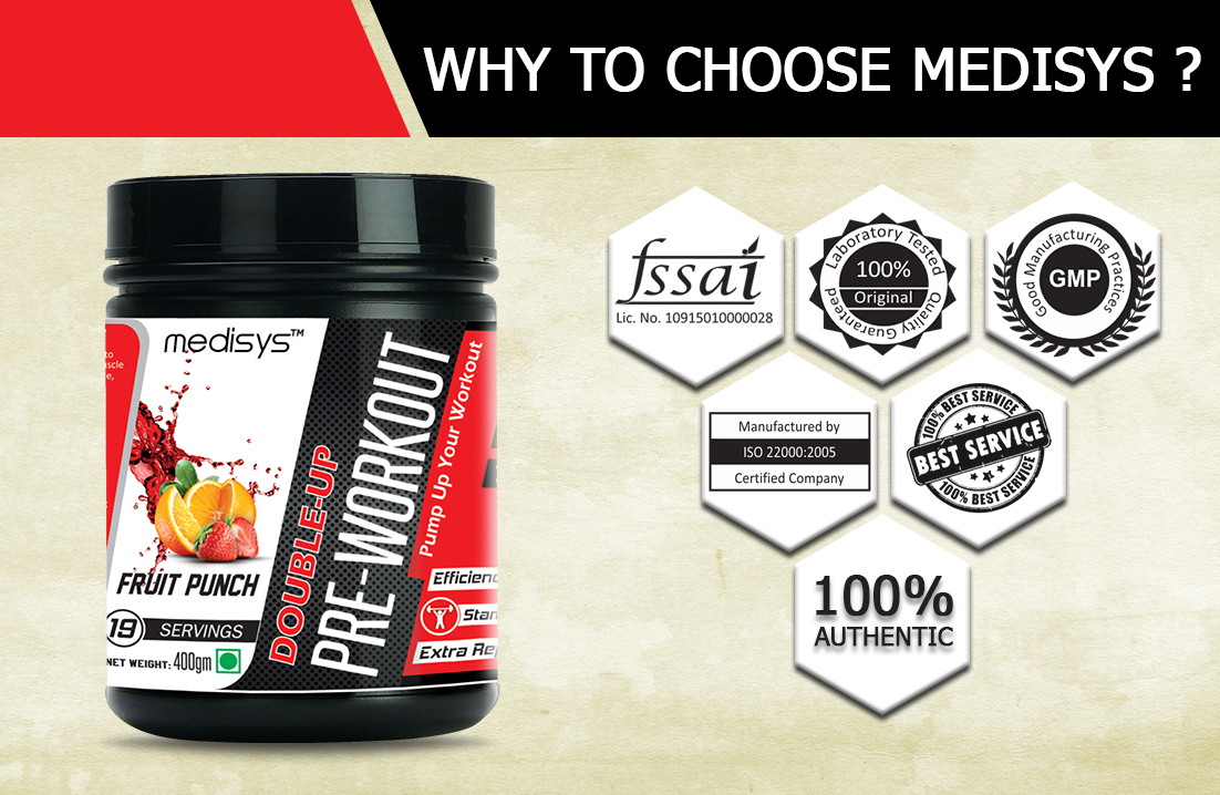 Buy Medisys DoubleUP PreWorkout Fruit Punch 400gm Online ₹2199 from
