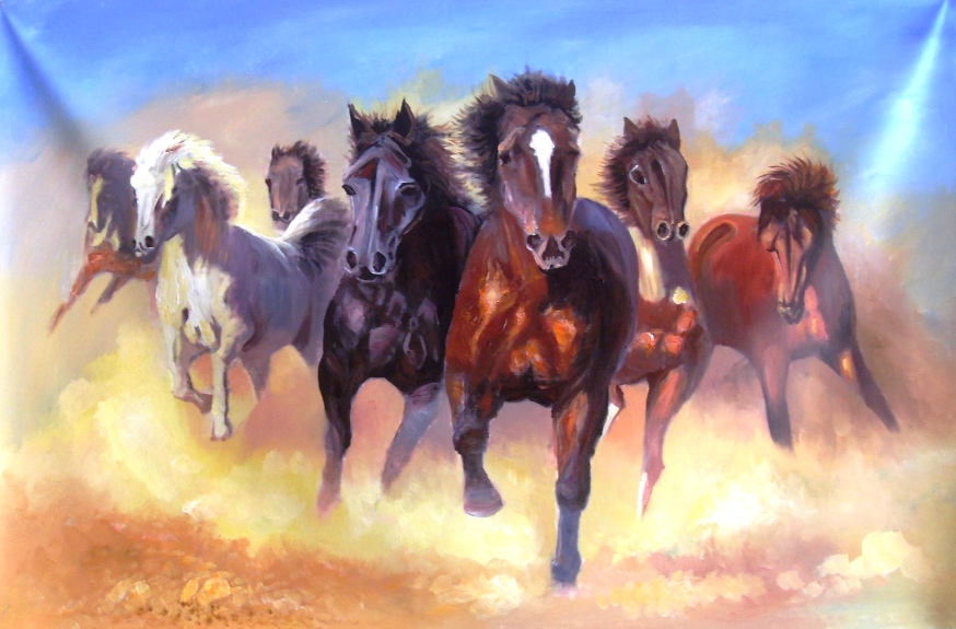 Fizdi - Handmade Painting - 7 Horses Good Luck Painting - 45In X 30In ...