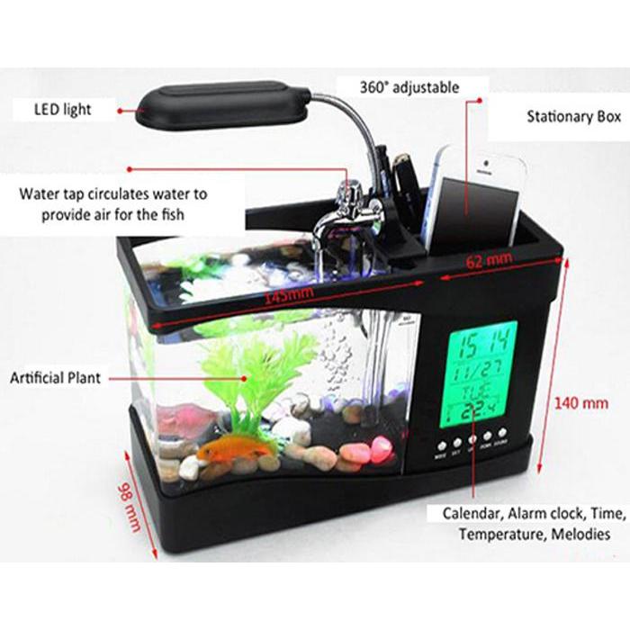 Buy Usb Powered Desktop Fish Tank Aquarium With Led White Light Time Display Online