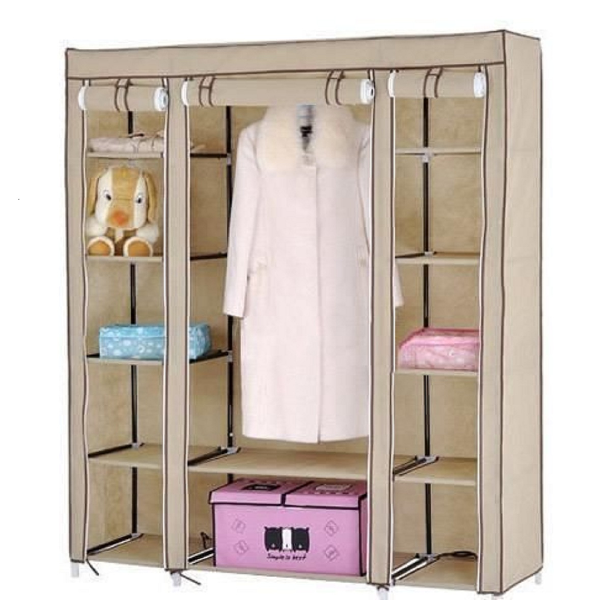 Buy Unique Cartz 3 Door Beige Foldable Almirah Wardrobe Cupboard Online ...