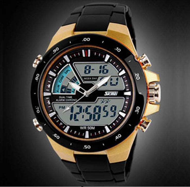 SKMEI 1016 Gold Digital + Analog Led Backlight Unisex Watch E