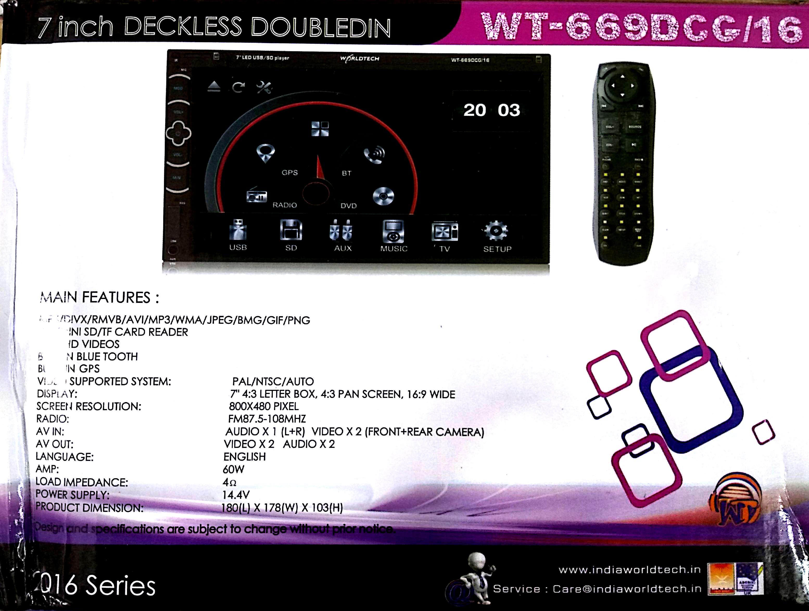 Buy Worldtech 7 inch Deckless Double din Car audio / video player with build in GPS ( One year