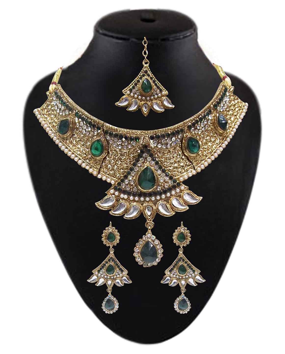 Buy Kriaa By Jewelmaze Green Austrian Stone Gold Plated Kundan Necklace Set With Maang Tikka 