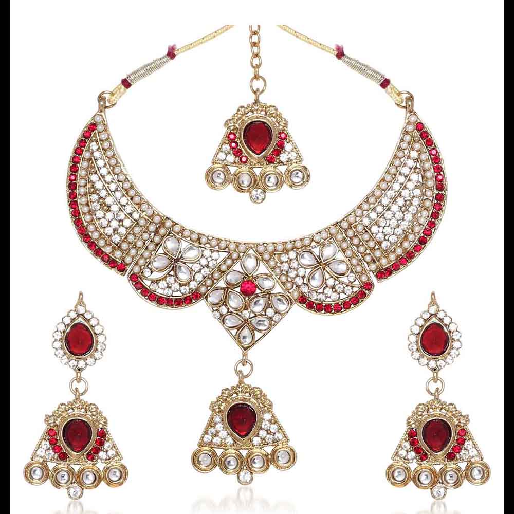 Buy Kriaa By Jewelmaze Maroon Kundan Austrian Stone Pearl Gold Plated Necklace Set With Maang 