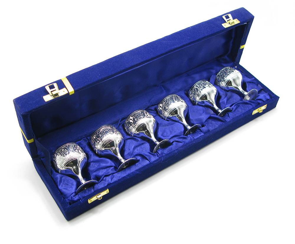 ENGRAVED SILVER PLATED BRASS SHOT GLASSES SET GIFT PACK