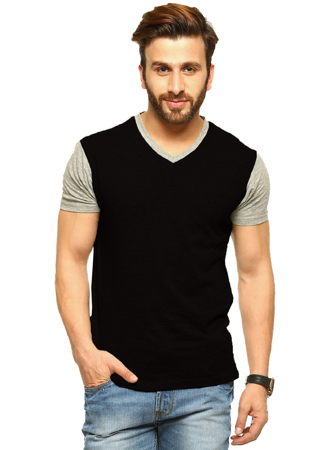 Buy Tripr Men's V-Neck Tshirt Black Grey Online @ ₹359 from ShopClues