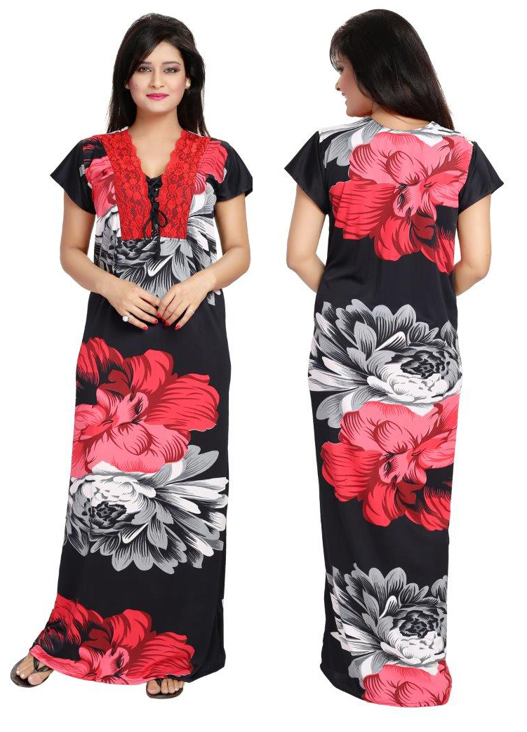 Diljeet Women Red And Black Floral Print Satin Nighty
