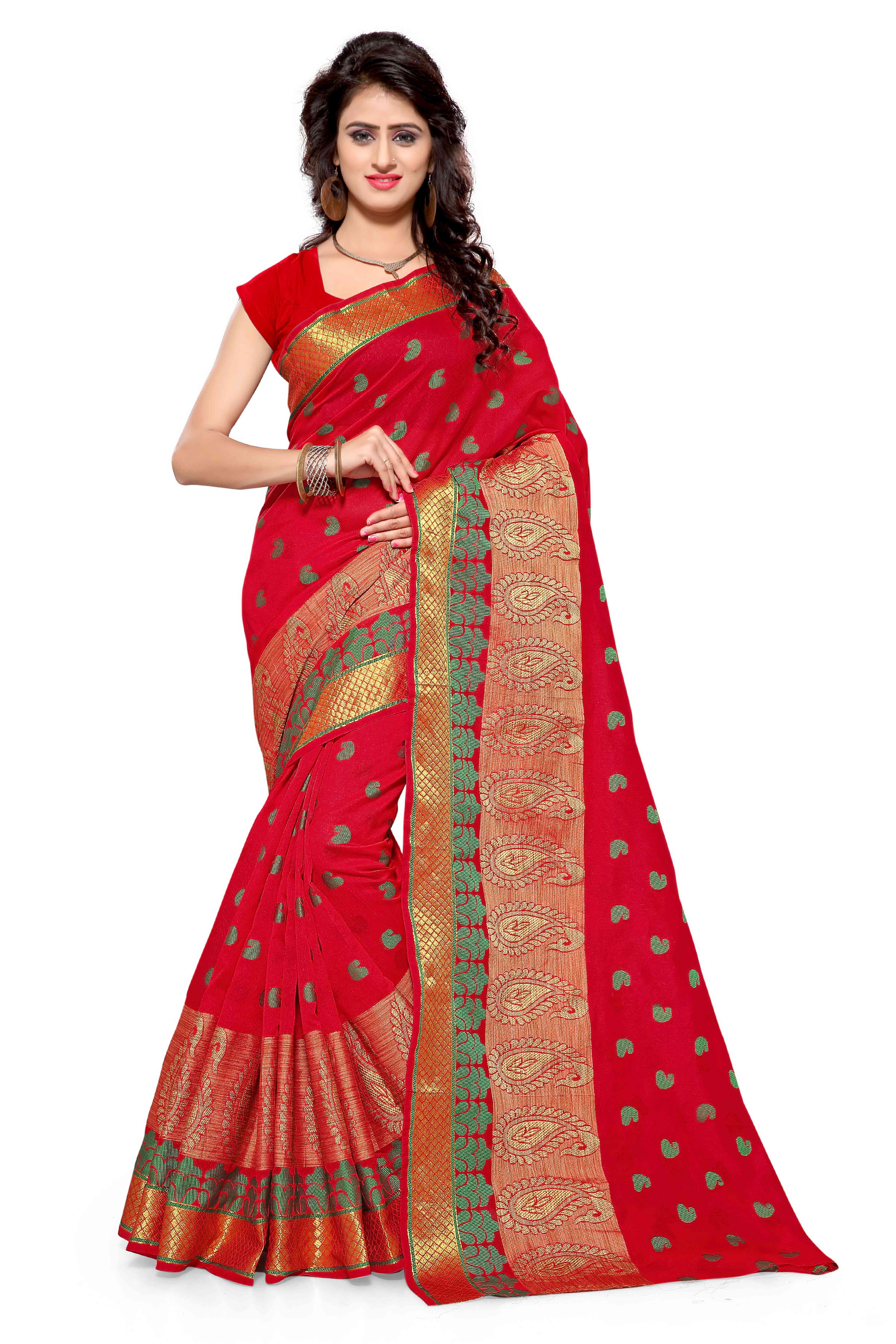 Buy Satyam Weaves Red Jacquard Self Design Saree With Blouse Online ...