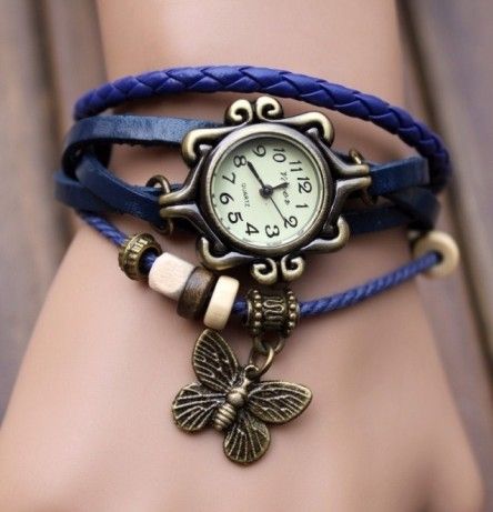 Vintage Fashion leather Bracelet women watch Blue