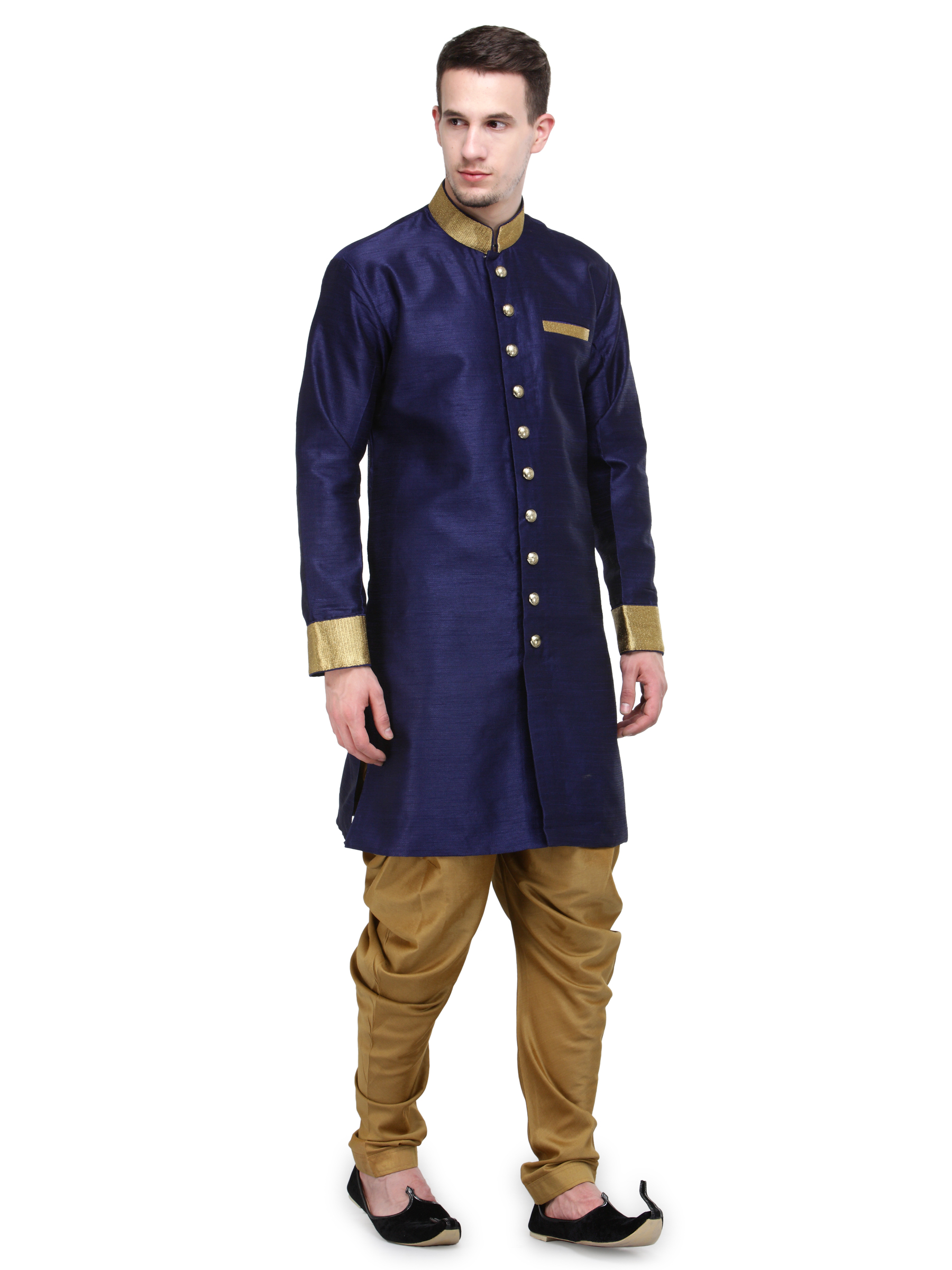 Buy RG Designers Navy And Gold Plain Sherwani For Men Online @ ₹2449 ...