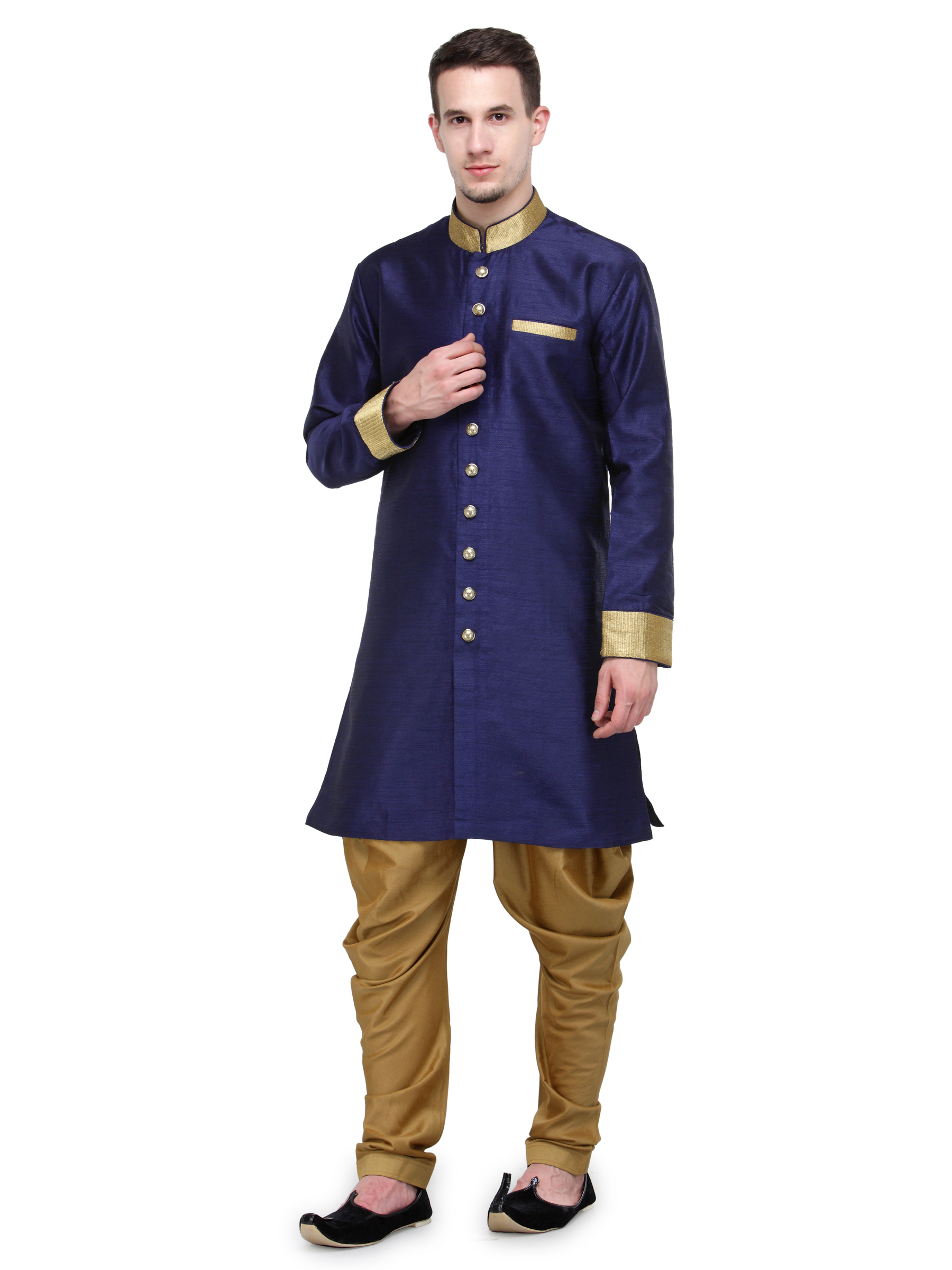 Buy RG Designers Navy And Gold Plain Sherwani For Men Online @ ₹2449 ...