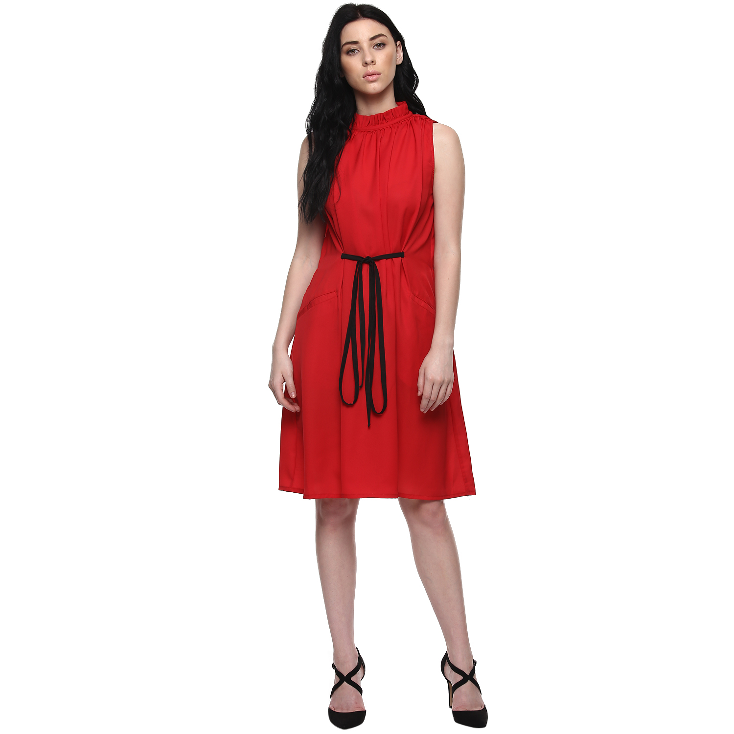 Buy Abiti Bella Red Gathered Dress with string Belt Online @ ₹499 from ...