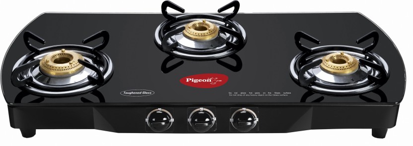 Buy Pigeon Brass Black 3 Burner Glass Top Online @ ₹7490 From Shopclues