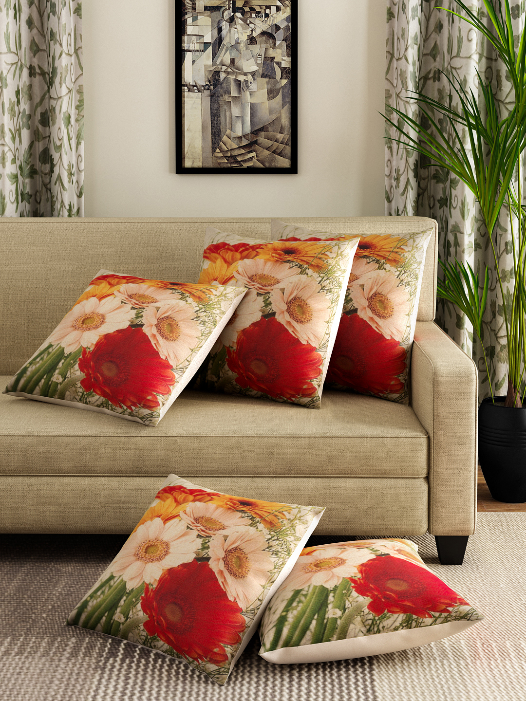 Buy Romee Multicolor Polyester Jute Fabric Blanket Flower Print Cushion