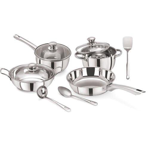 Pristine Tri Ply Induction Base Cooking Essential St. Steel Cookware Set, 10PCS, Silver