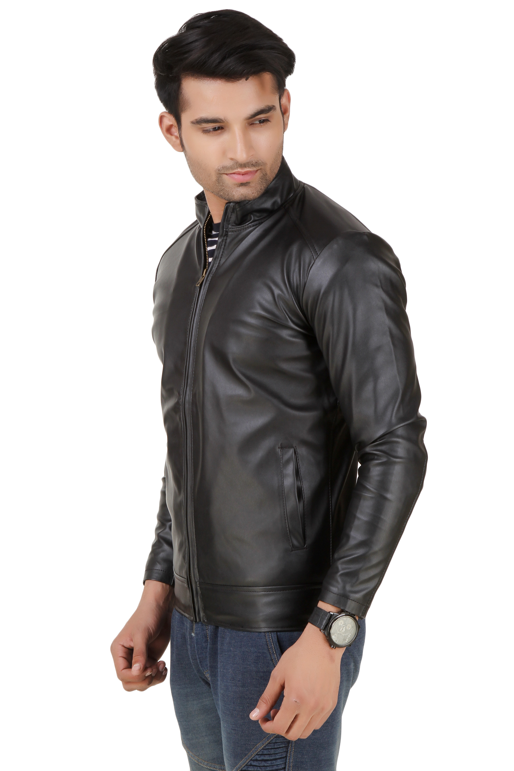 Buy Leather Retail Plain Black Faux Leather Jacket with fur-lining for ...