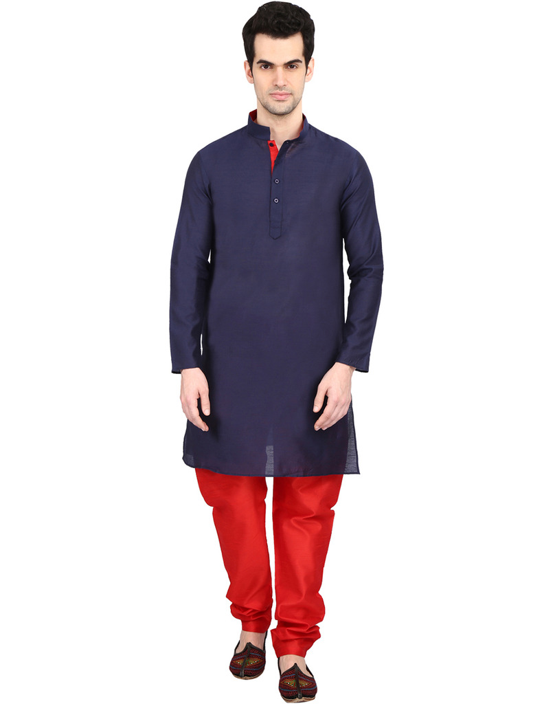 Buy Indian Attire Blended Silk Embellished Navy Blue Kurta And Red