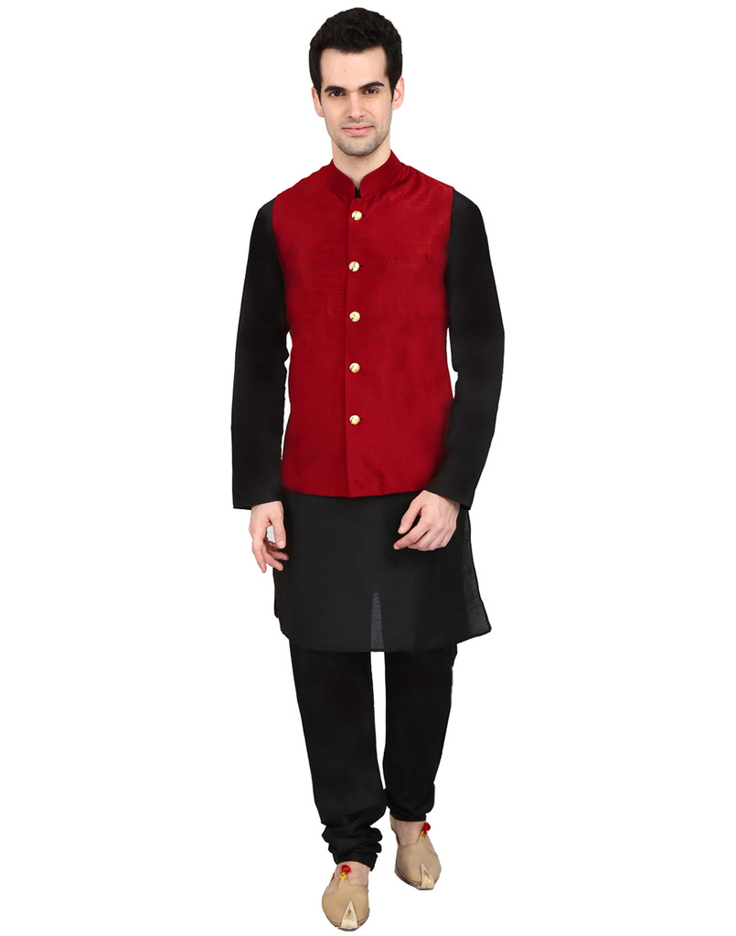 Buy indian ATTIRE Maroon Blended Silk Koti (Waistcoat) and Black Kurta ...