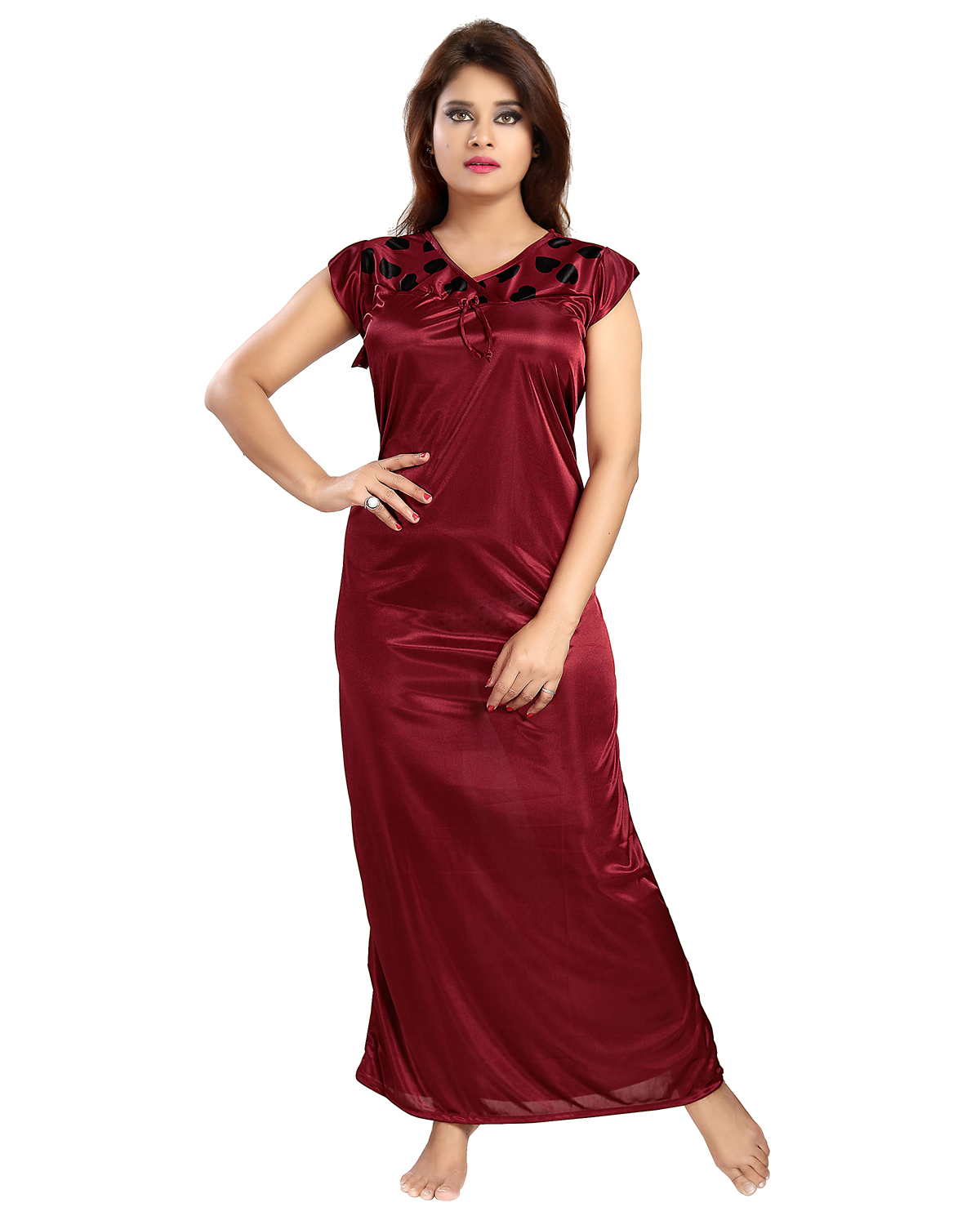 Buy Be You Fashion Satin Maroon Hearts Printed 2 piece Nighty Set for ...