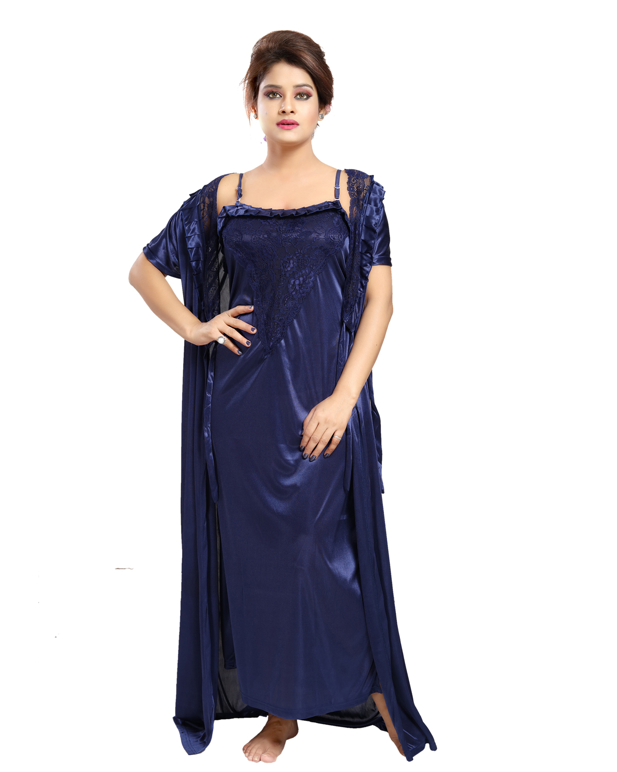 Buy Be You Satin Dark Blue Plain 2 pieces Nighty Set for Women Online ...