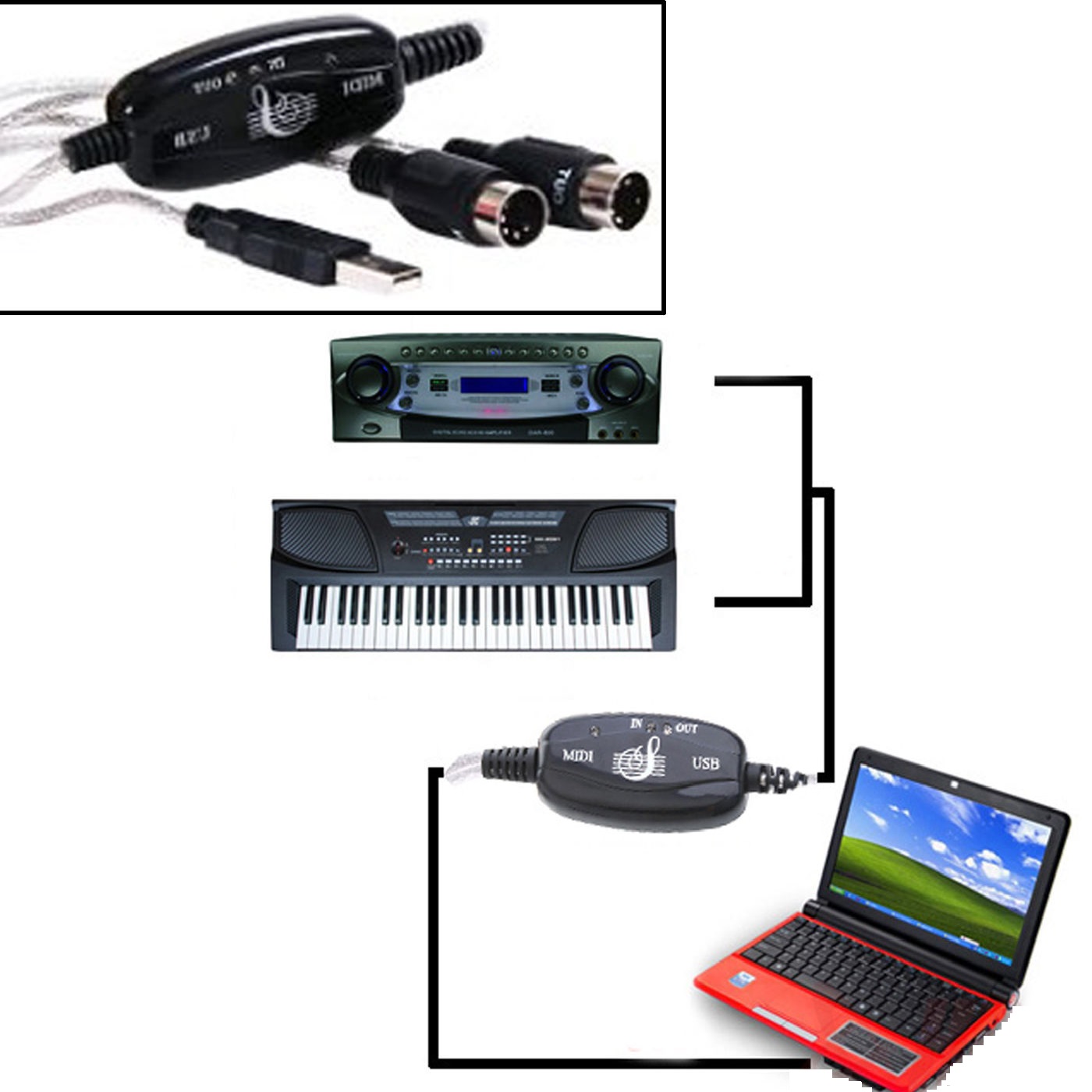 USB INOUT MIDI Interface Cable Converter PC to Music Keyboard Adapter
