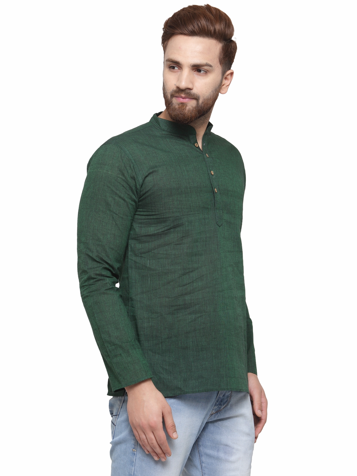 Buy RG Designers Dark Green Cotton Plain Full Sleeve short kurta for ...