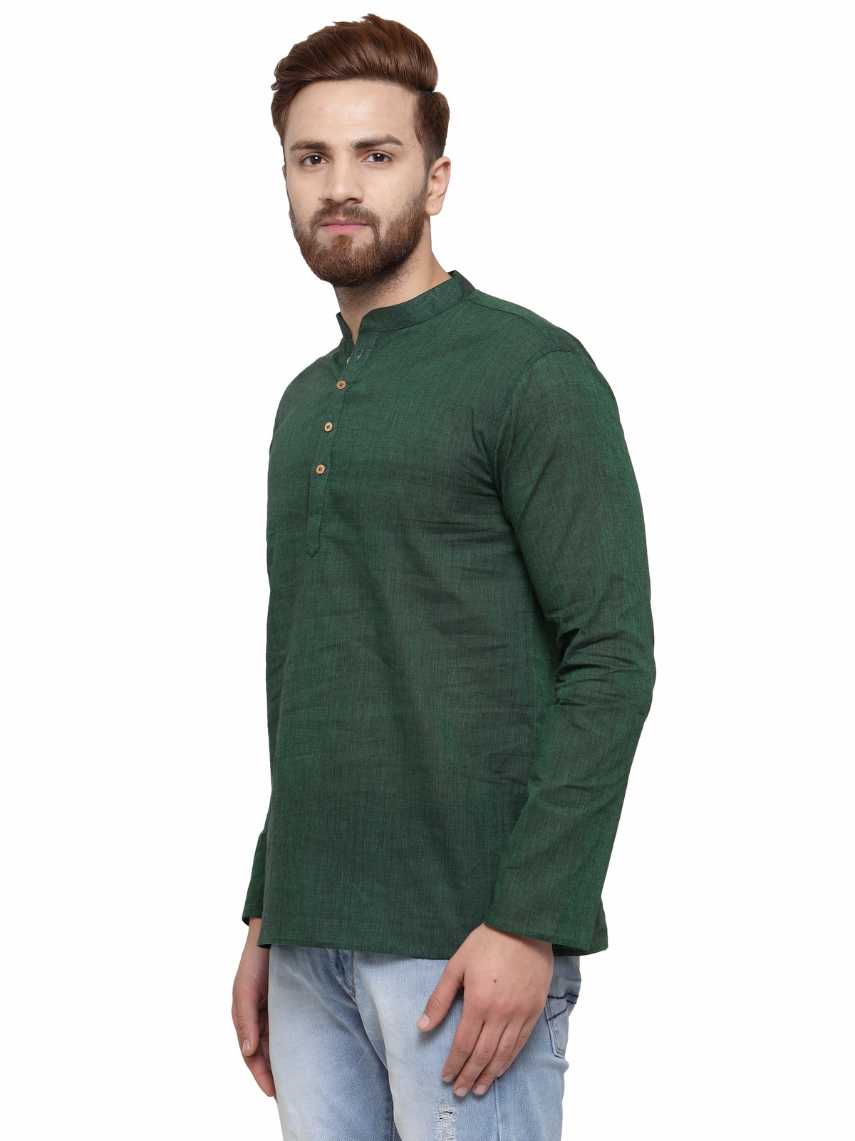 Buy RG Designers Dark Green Cotton Plain Full Sleeve short kurta for ...