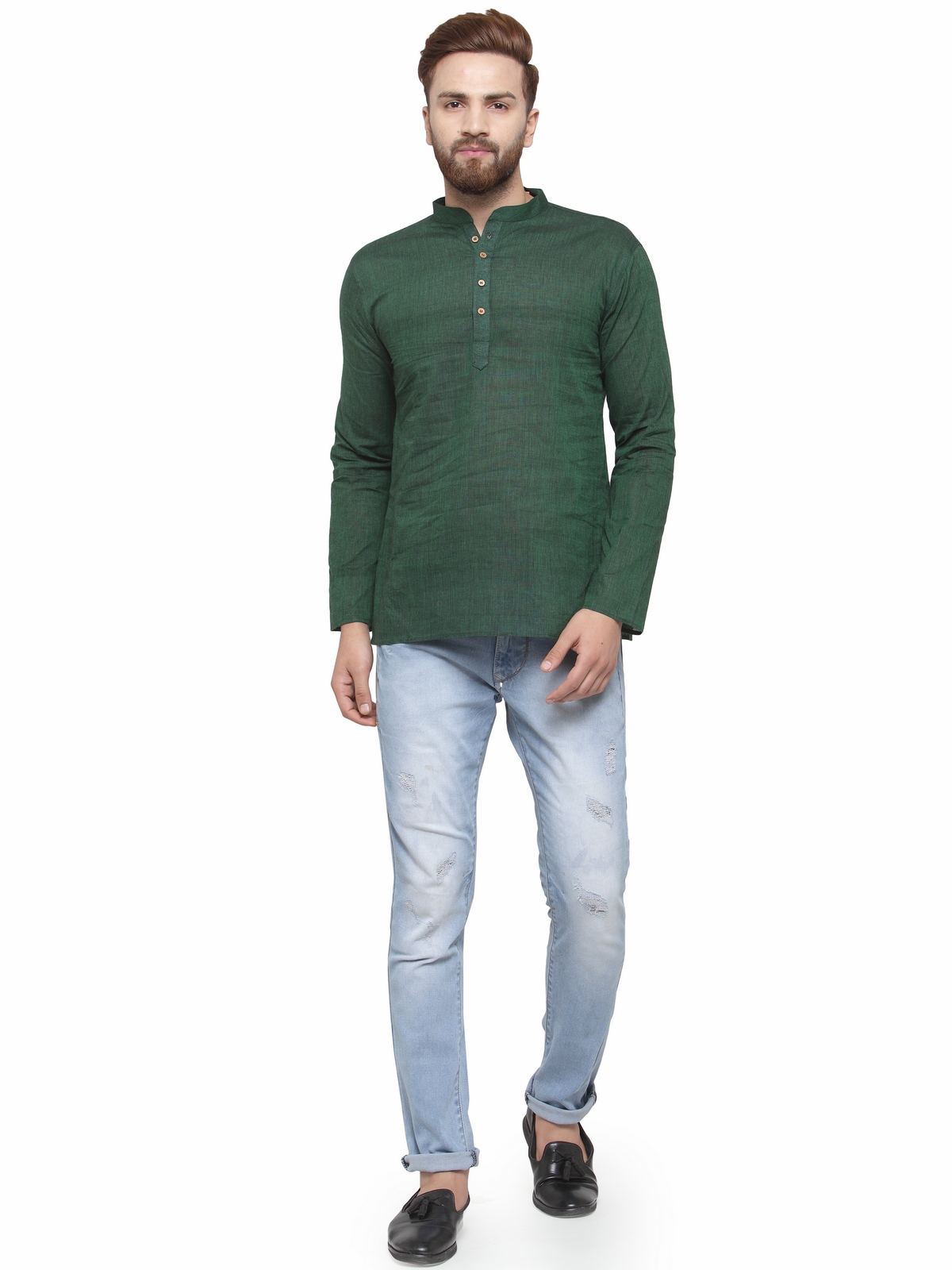 Buy RG Designers Dark Green Cotton Plain Full Sleeve short kurta for ...