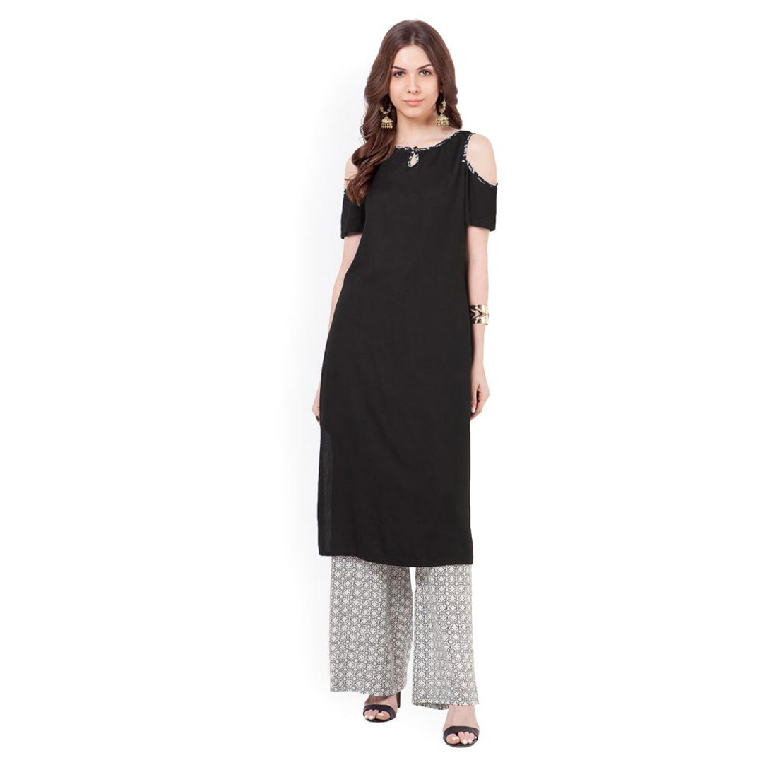 Buy Shree Wow Solid Straight Calf Length Black Crepe Kurti For Women