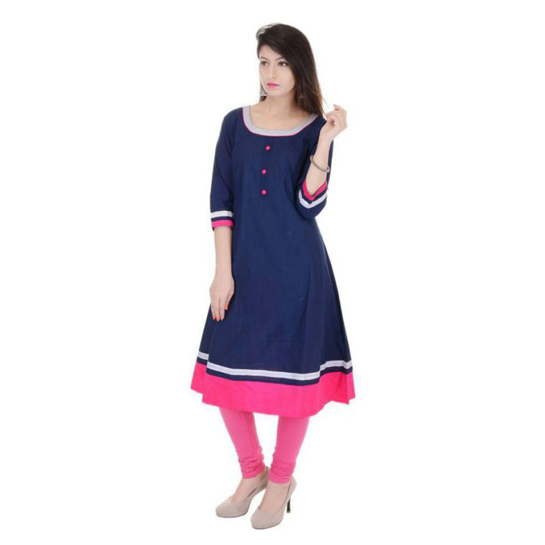 Buy Shree Wow Solid Straight Calf Length Blue Crepe Kurti For Women ...