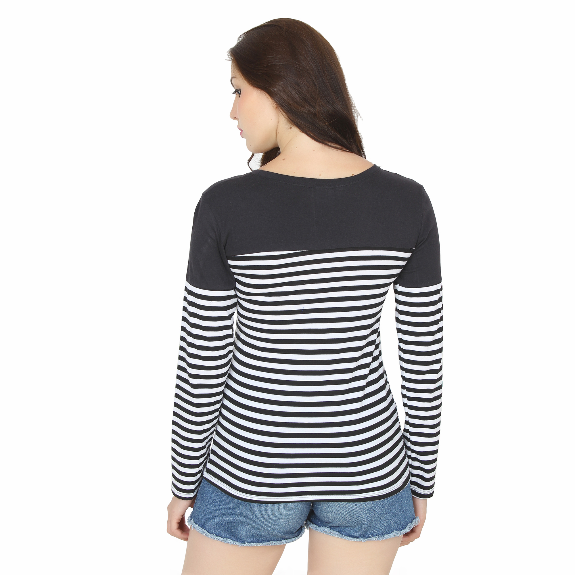 Buy Stone Flower Black and White Striped Full Sleeve T-shirt for Women