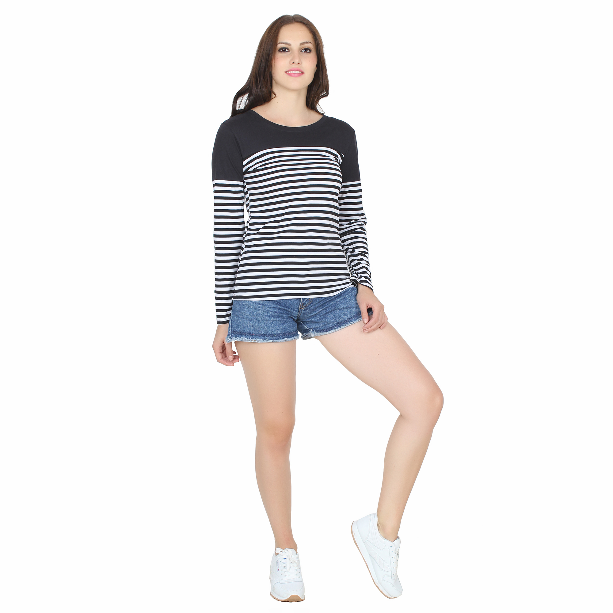 Buy Stone Flower Black and White Striped Full Sleeve T-shirt for Women