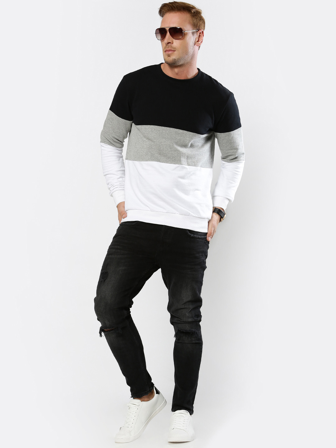 Buy Genius18 Men's Multicolor Solid Round Neck Non- Hooded Sweatshirt ...