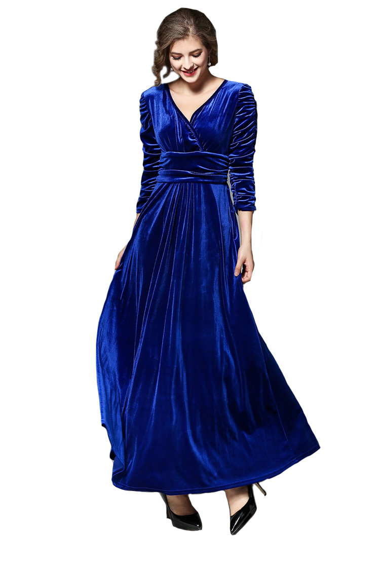 Buy Aashish Garments - Royal Blue Puff Sleeves Velvet Women Maxi Dress