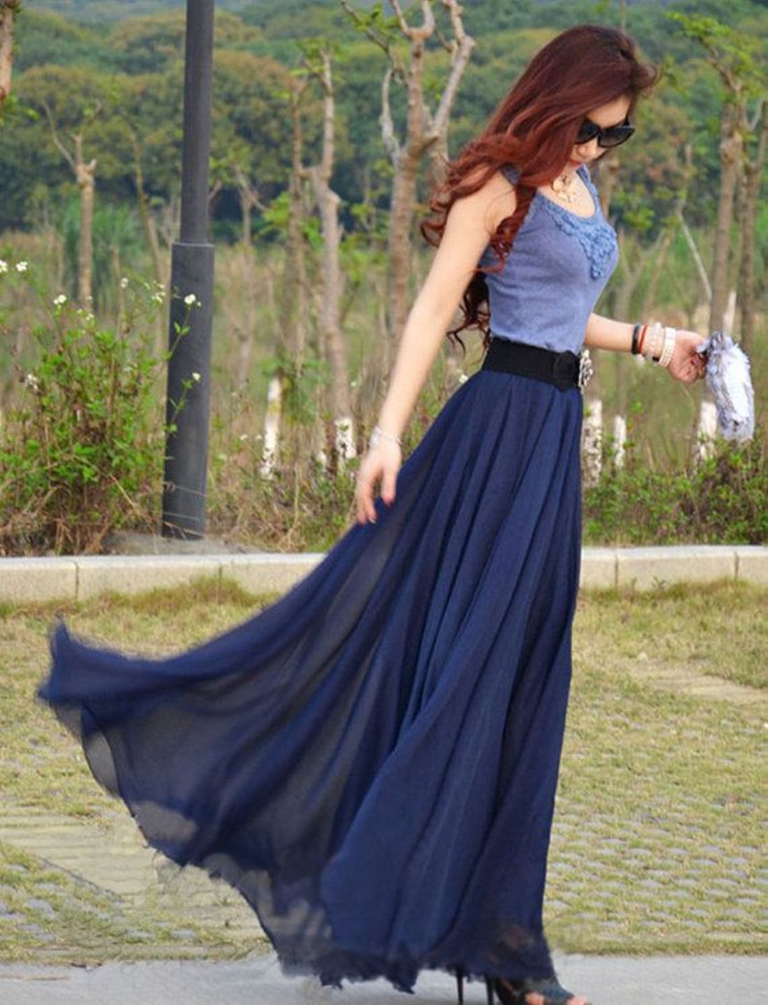 Buy Rosella Navy Blue Flare Long Skirt Online @ ₹999 from ShopClues