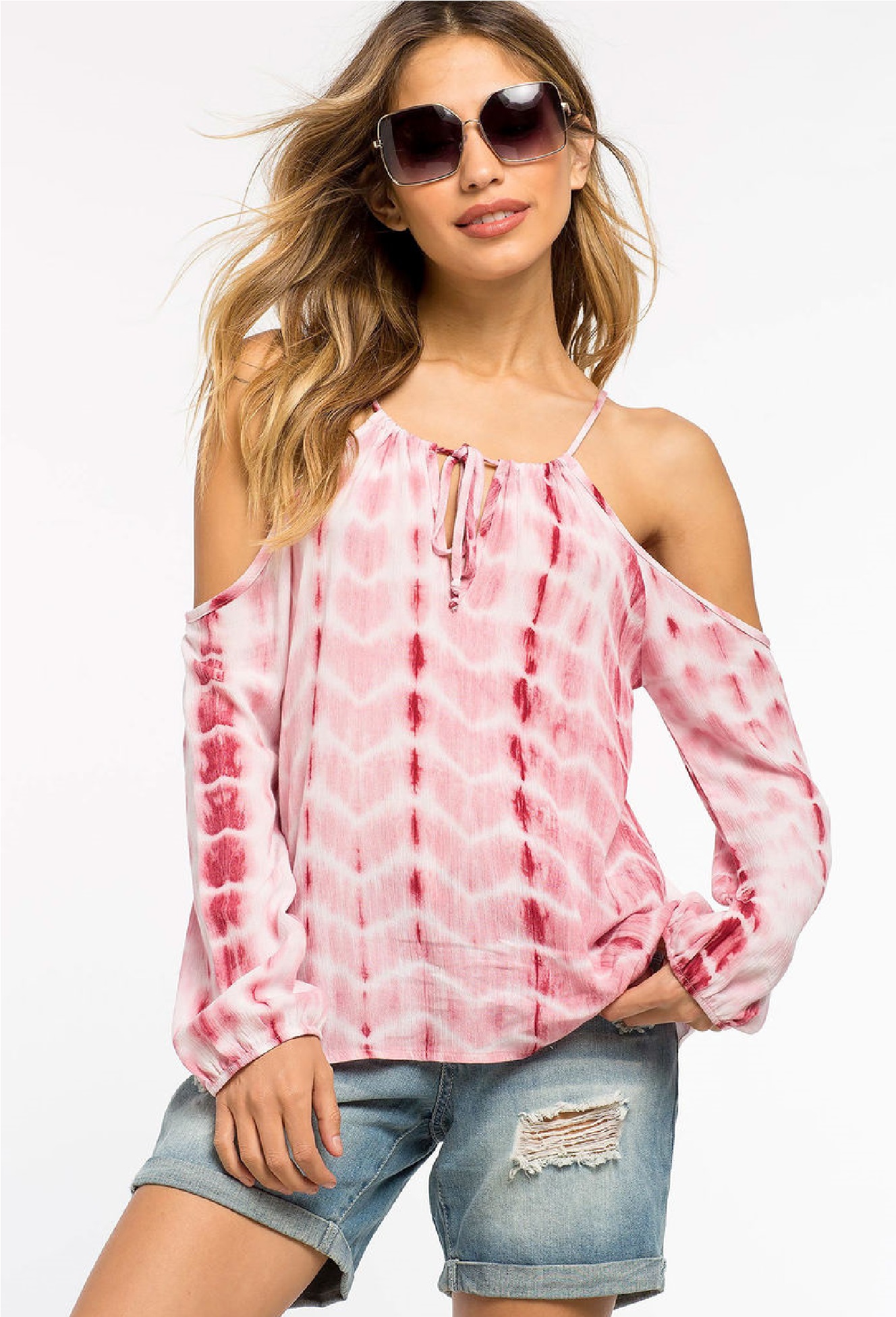 Buy Tie Dye Cold Shoulder Top Pink Online @ ₹699 from ShopClues