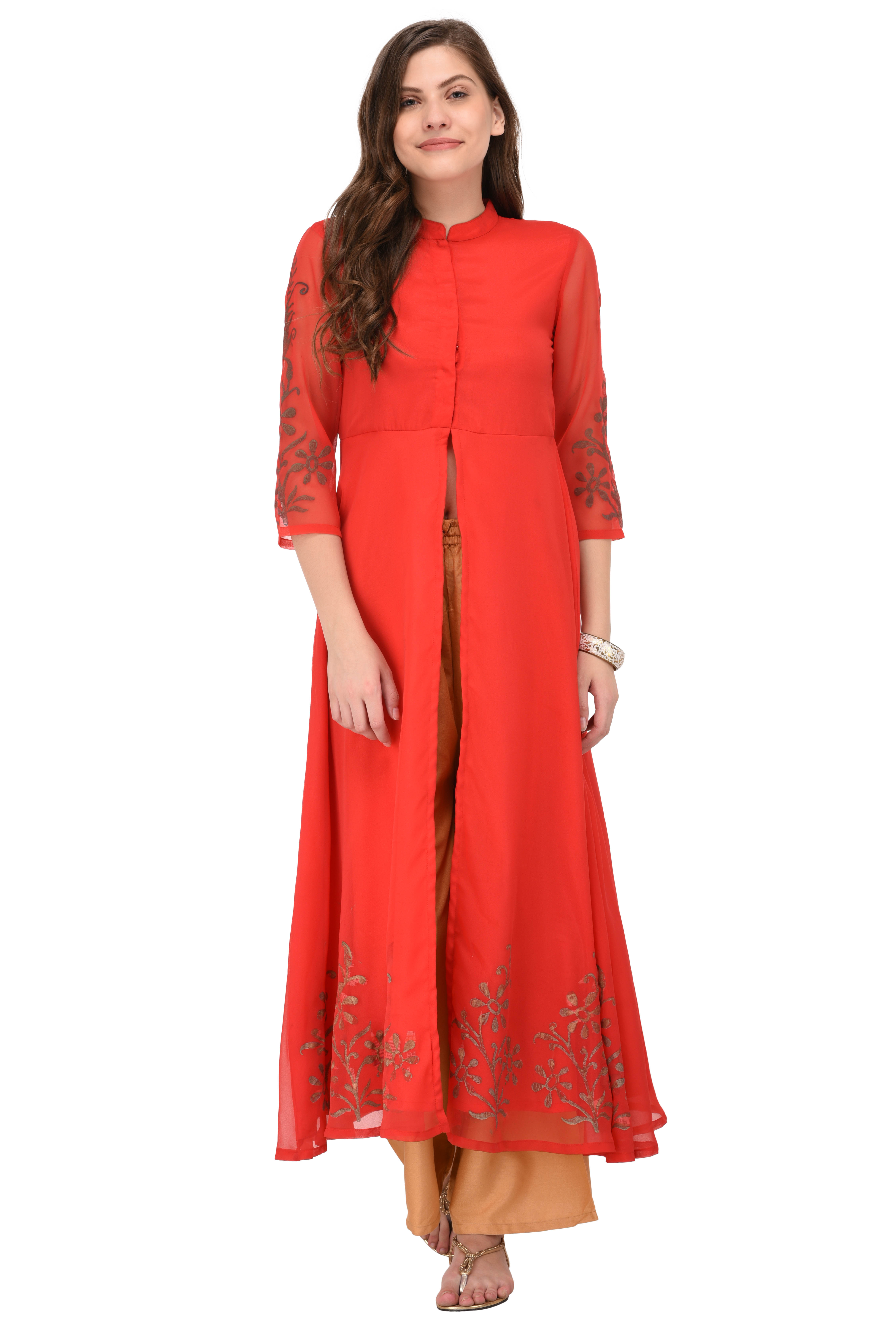 Buy Sgatra Women Georgette Kurta Red Solid Flared Kurti Online @ ₹779 ...