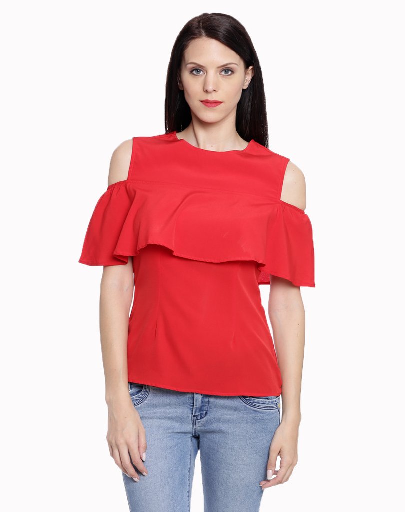 Buy Aashish Fabrics - Red Cold Shoulder Ruffle Top Online @ ₹699 from ...