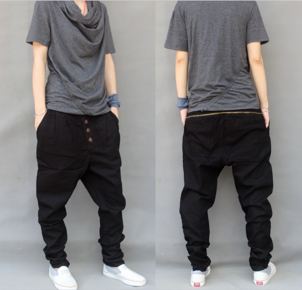 Mens low drop crotch hip hop style with zipper at back