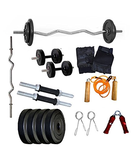 H tagFitness 24 kg home Gym Set with 3ft Curl +2 Dumbbell Rod + Pure leather Gloves + More