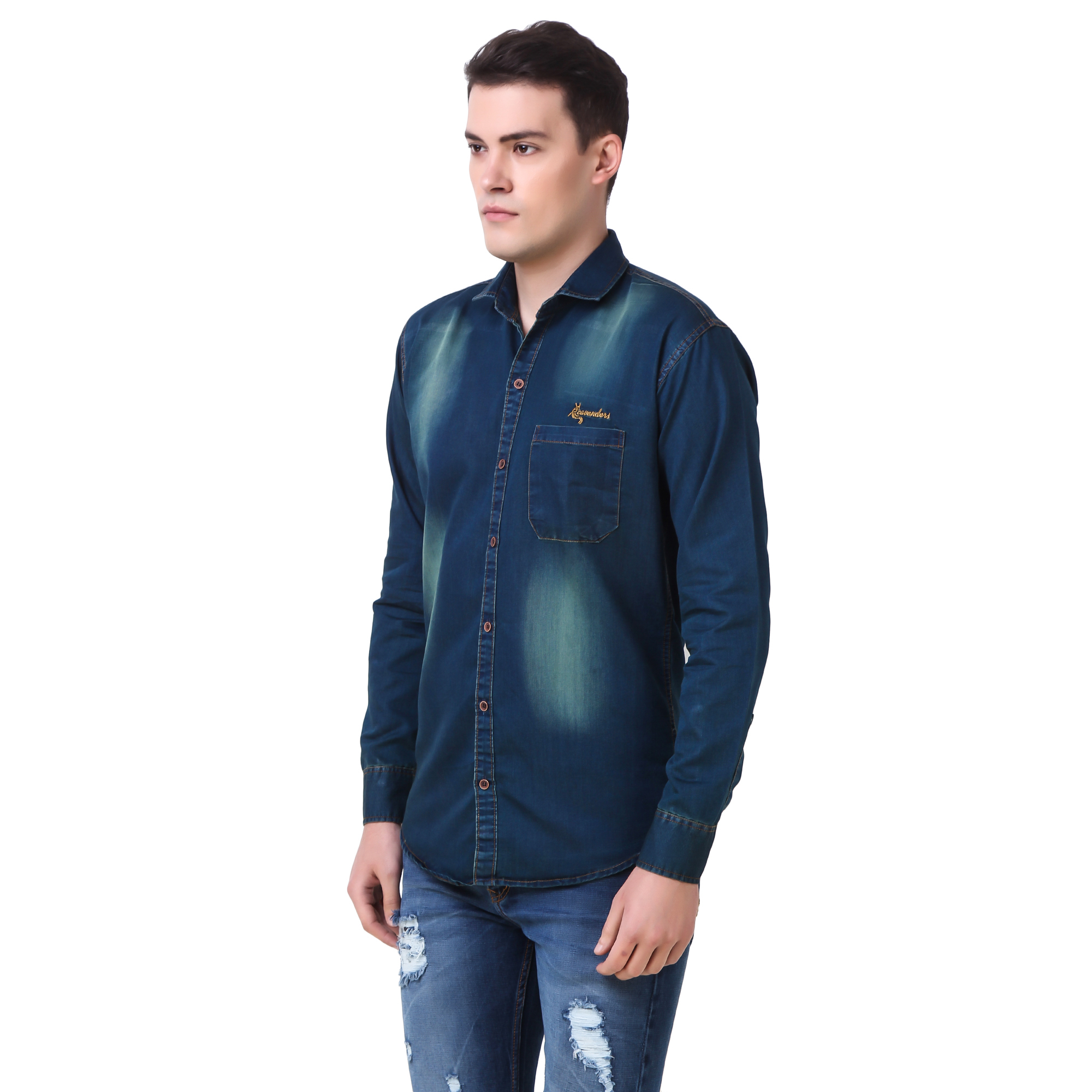 Buy Cavender Dark Blue Denim single pocket shirts for men's Online ...