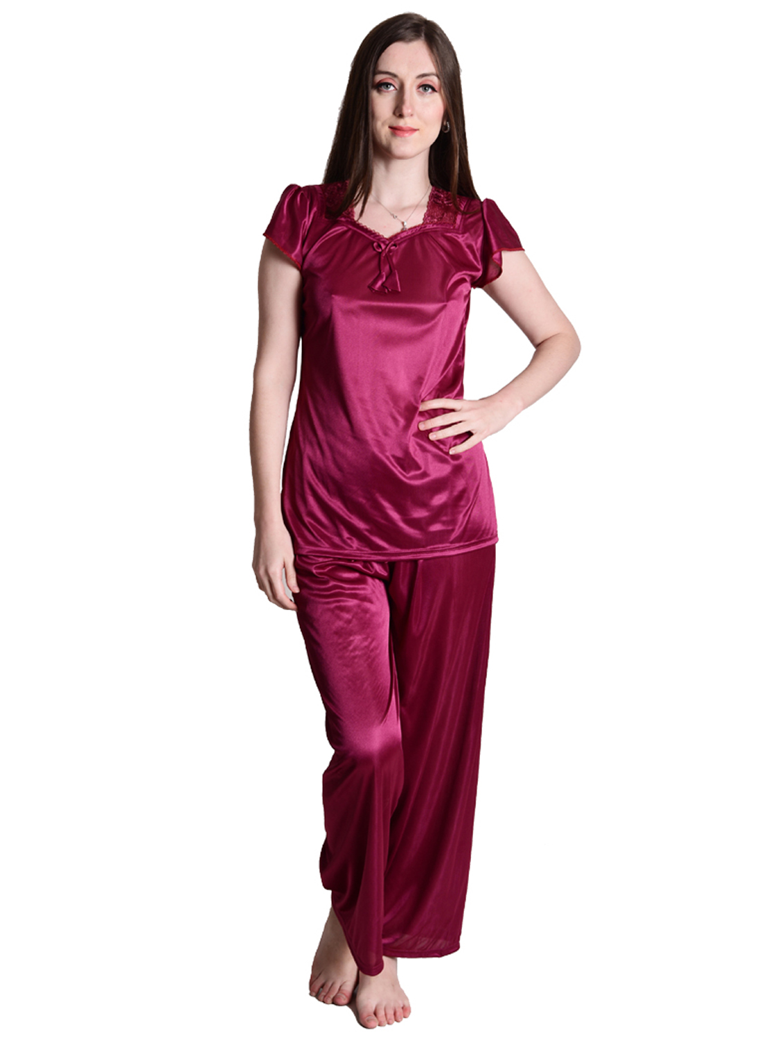 Buy Senslife Satin Solid Nightwear Night Suit Top Pajama Set SL008 ...