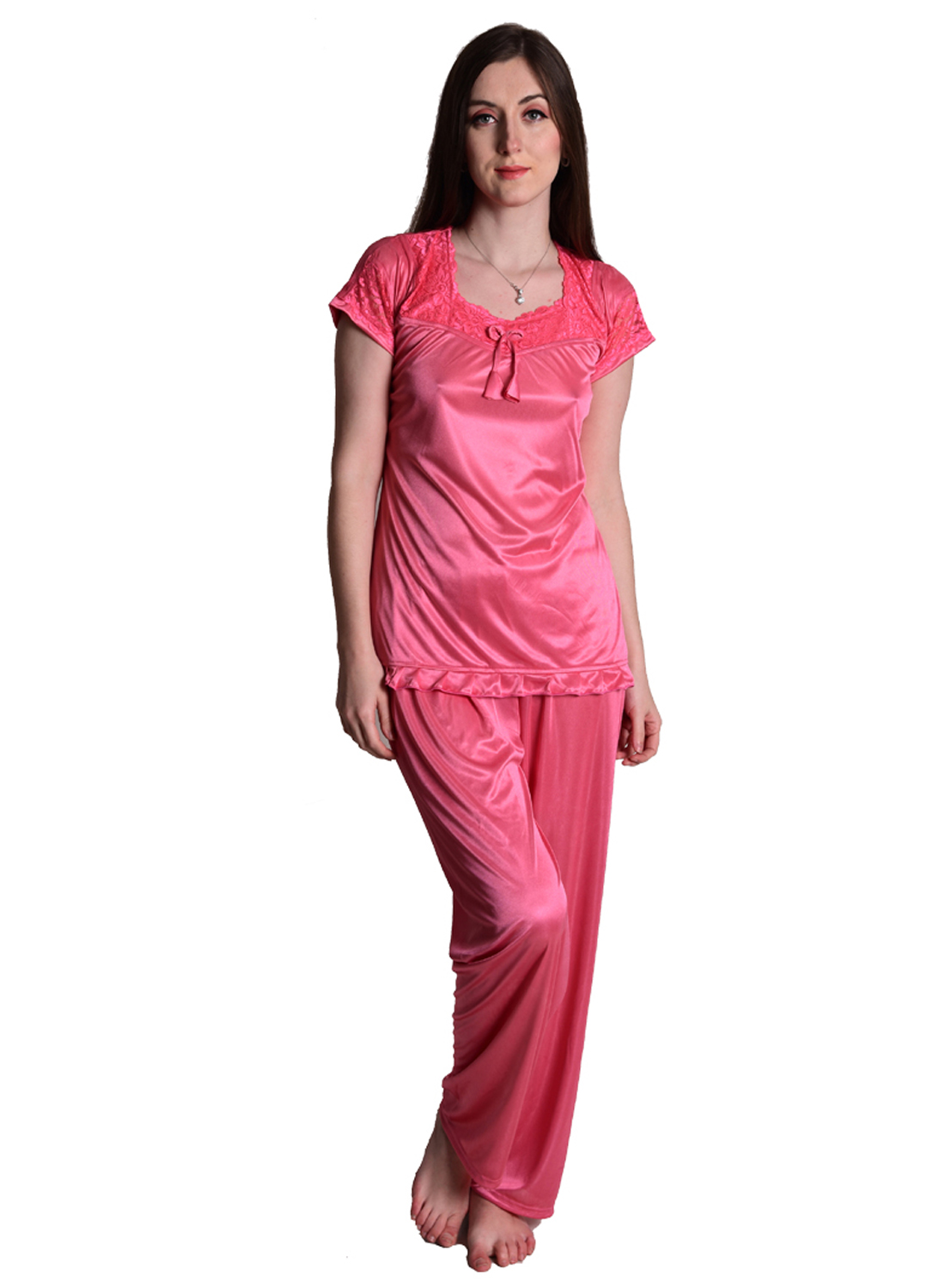 Buy Senslife Satin Solid Nightwear Lace Designed Neck Night Suit Top ...