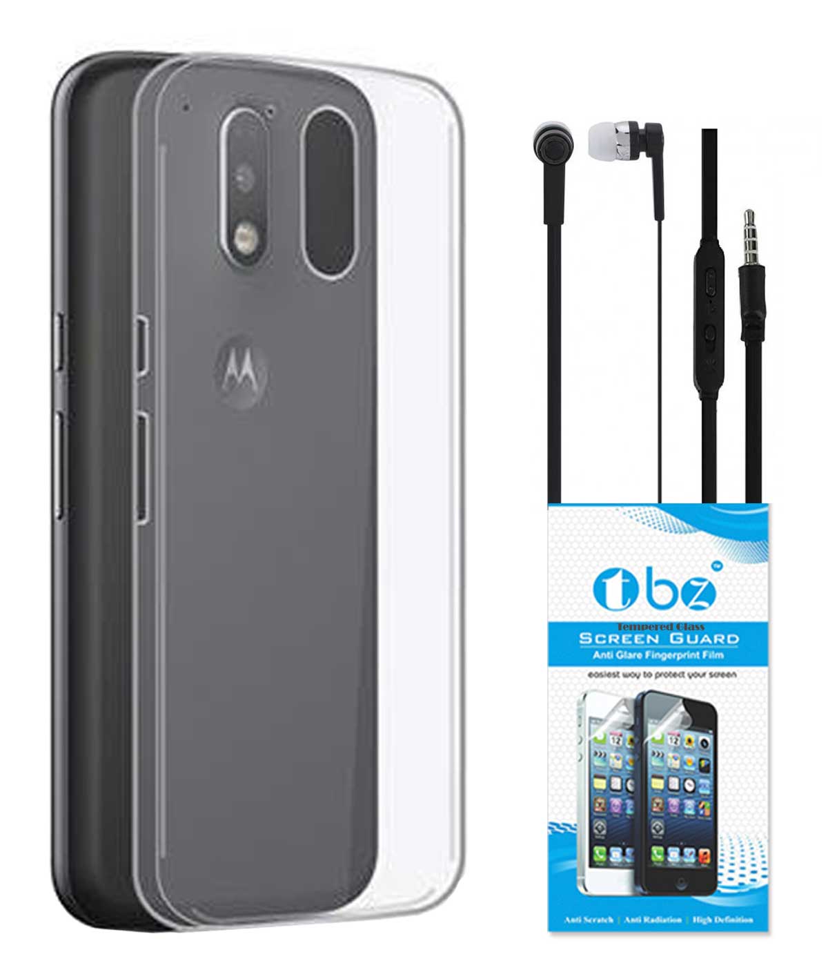 TBZ Transparent Silicon Soft TPU Slim Back Case Cover for Motorola Moto G4 Play with Earphone and Tempered Screen Guard